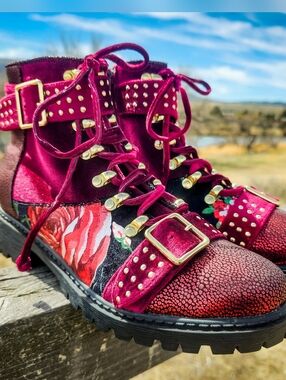 Shoe Republic LA Burgundy Velvet Studded Combat Boots Floral Lace Up Ankle Boots